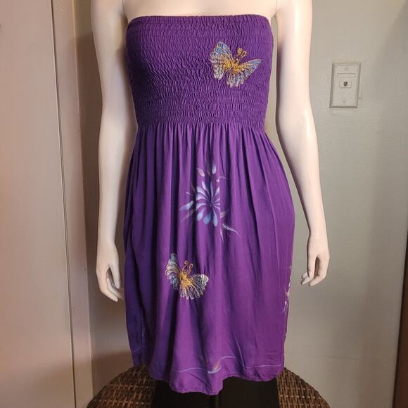 Tiki Palm Purple Metallic Butterfly Tube Dress Med Indie Y2K Beachy Boho Vacay - Picture 1 of 11